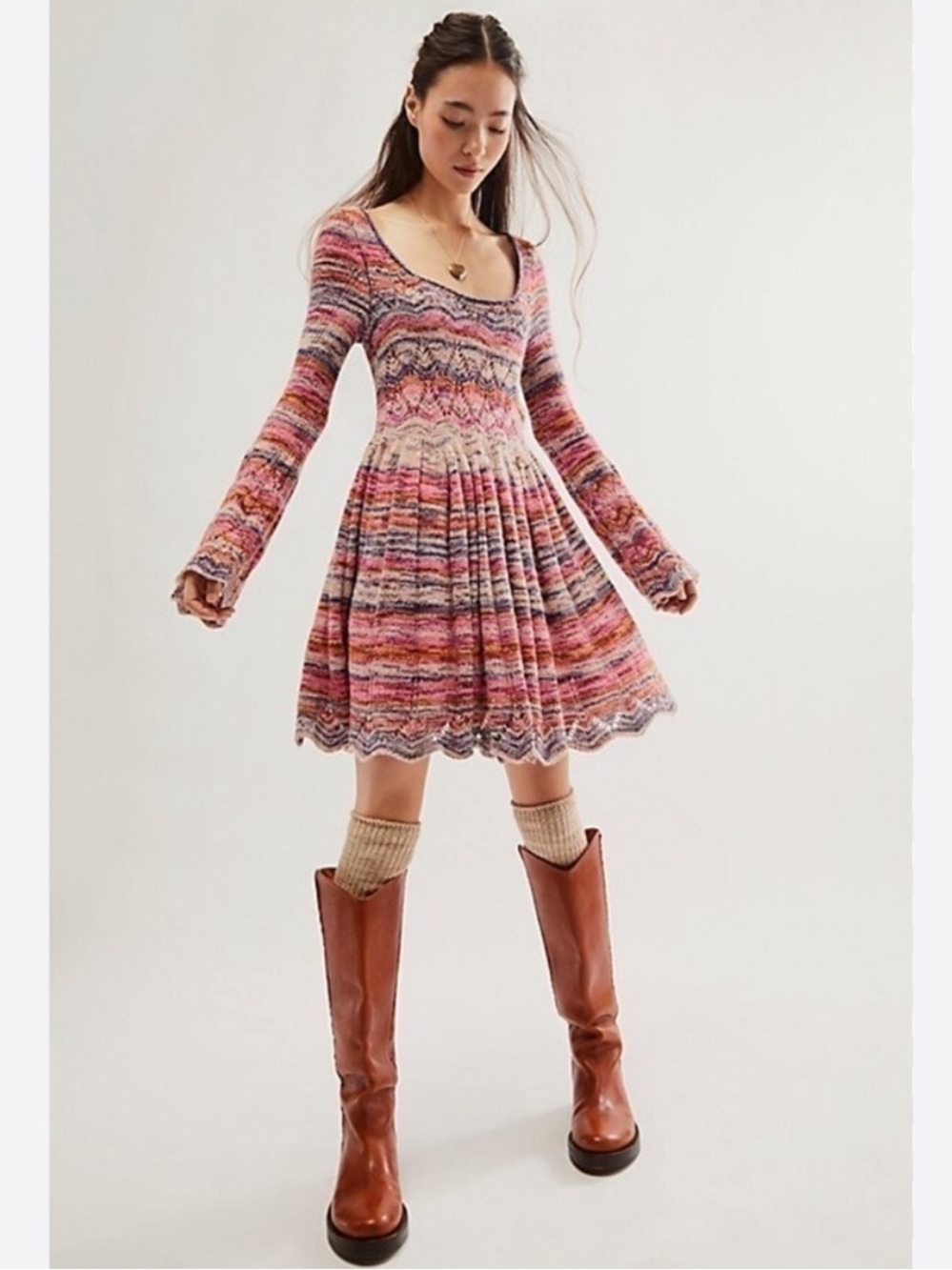 NWOT FREE PEOPLE Pandora Pointelle Knit Long Sleeve Fit-and-Flare Mini Dress